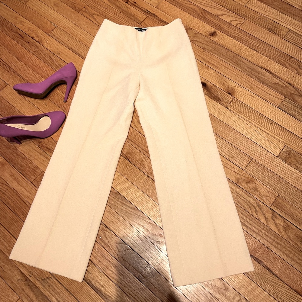 NWOT Anne Klein Virgin Wool beige Trousers Casual Dress Pant straight textured 6